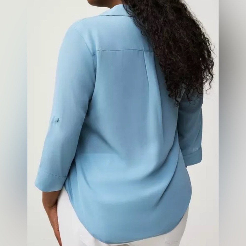 #x166 - Torrid Harper Georgette Collared 3/4 Sleeve Blouse Mountain Spring Blue - Picture 4 of 12